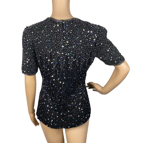 Patra Vtg Black Silver Iridescent Beaded Sequin Short Sleeve Blouse SZ PS - Picture 5 of 11